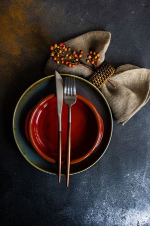 Autumnal napkin, silverware and red plate with wild red berries