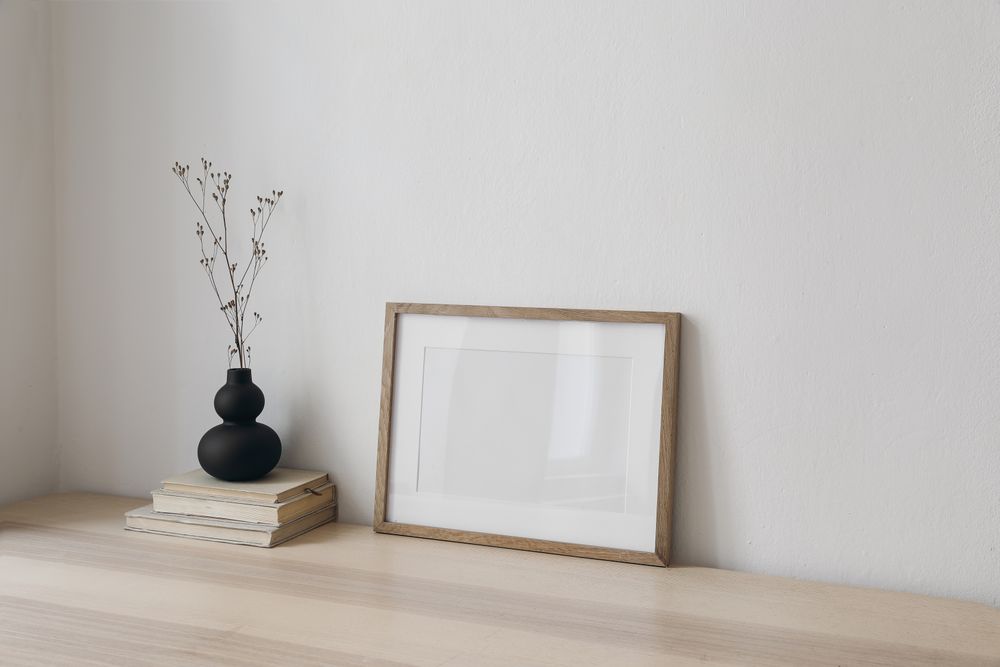 Blank horizontal wooden picture frame mockup.