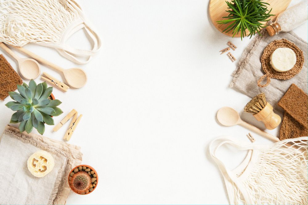 Top view of sustainable kitchen accessories and bath accessories with copy space