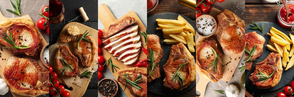 Food collage of tasty grilled steaks, top view