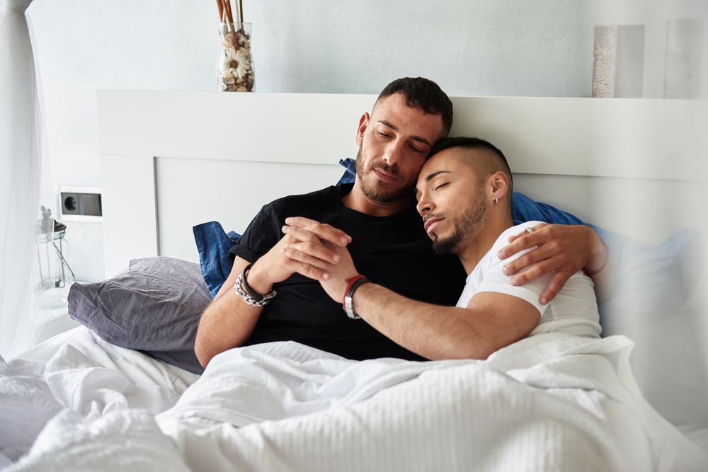 Smiling gay couple hugging on bed
