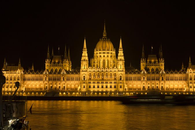Dark night in Budapest with Parliament Building lit up