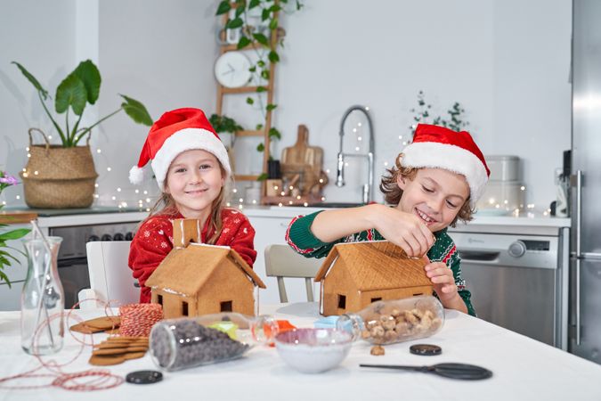 Joyful children decorating gingerbread houses