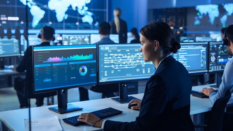 Professional Woman Analyzes Data on Multiple Screens in High-tech Control Room.
