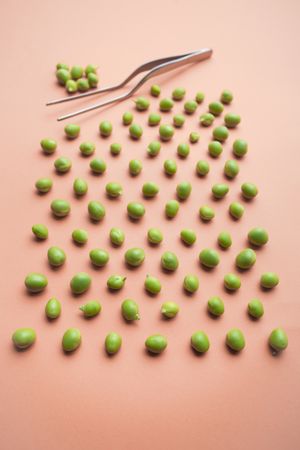 Set of peas placed orderly on salmon colored background