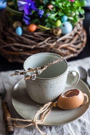 Easter table setting with mug, pussy willow decorative egg shell