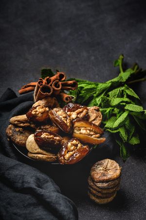 Dates fruits with walnuts, mint and cinnamon for Ramadan