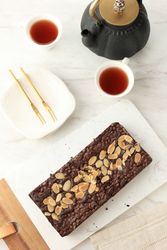 Top view of chocolate brownie and tea