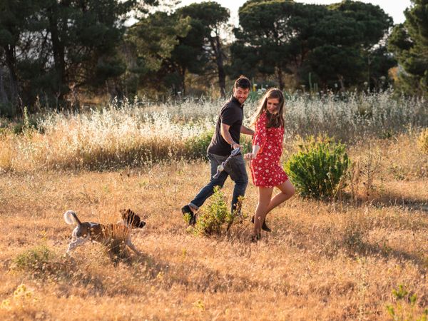 Happy active couple playing with dog outdoors