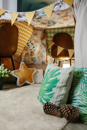 Interior of homemade tent at home