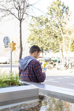 Back of man with smartphone by city fountain