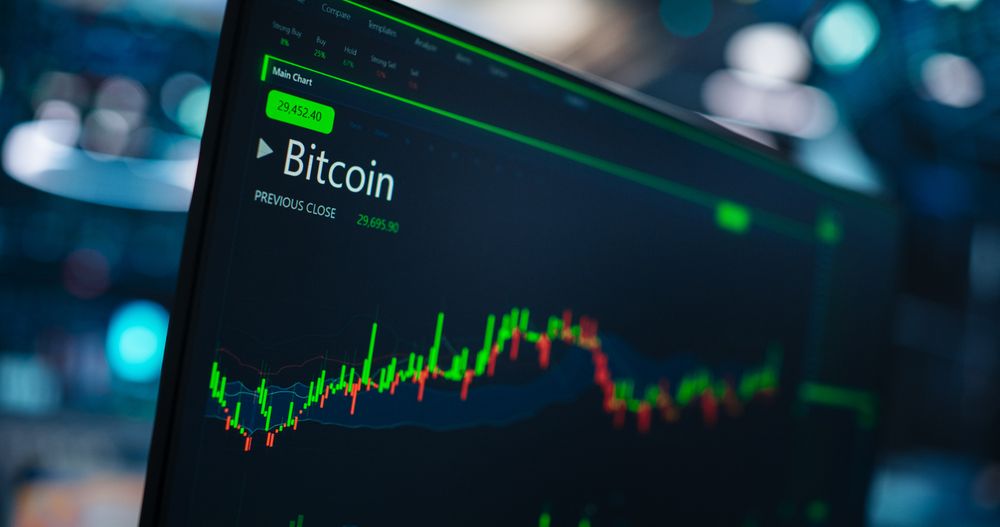 Computer Screen with Cryptocurrency Market Analytics, Candlestick Graphs and Financial Reports. Bitcoin Exchange Software Template on a Monitor. Concept of a Digital Money, Economics and Business