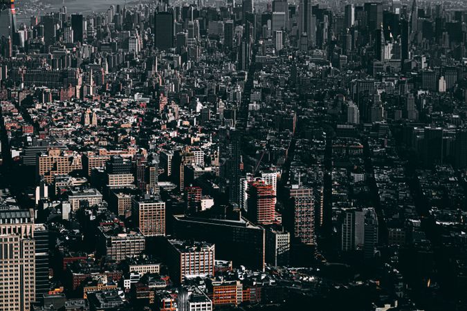 Aerial view of city buildings during golden hours