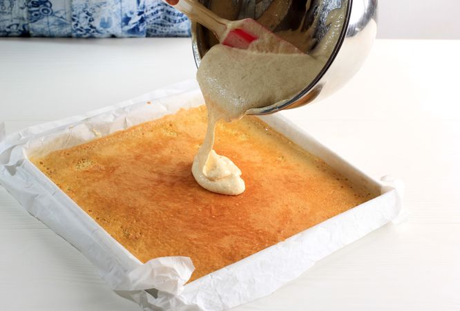 Pour Batter to the Pan with Fresh Baked Layer Cake