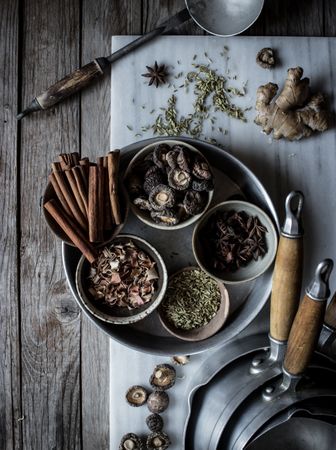 Spices and dry mushrooms on board