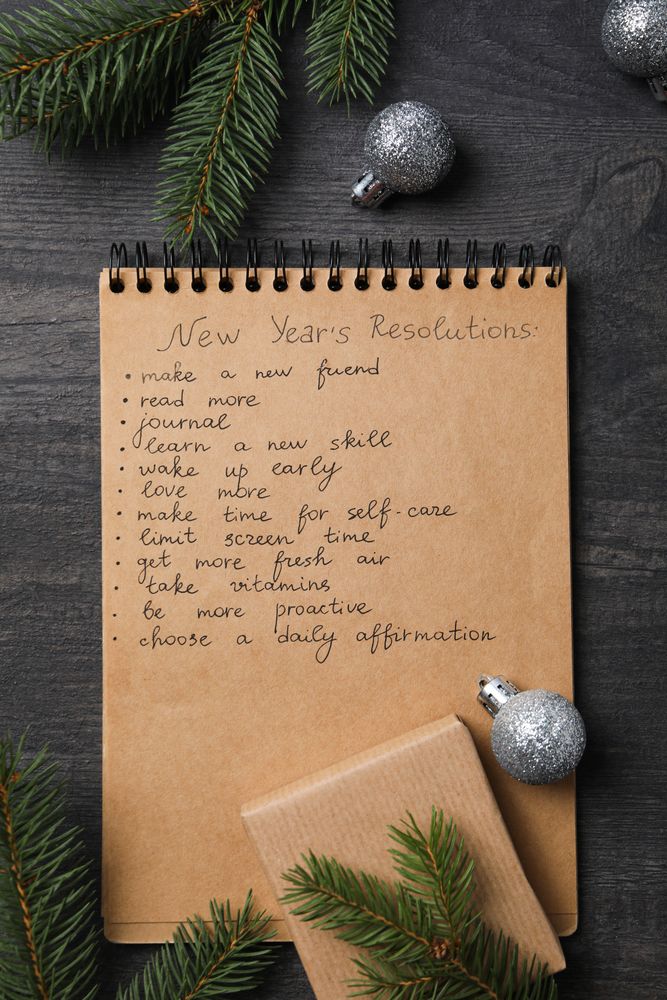 Concept of New Year Resolutions list, new year goals, top view