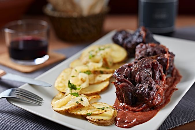 Stewed meat with sauce and potatoes