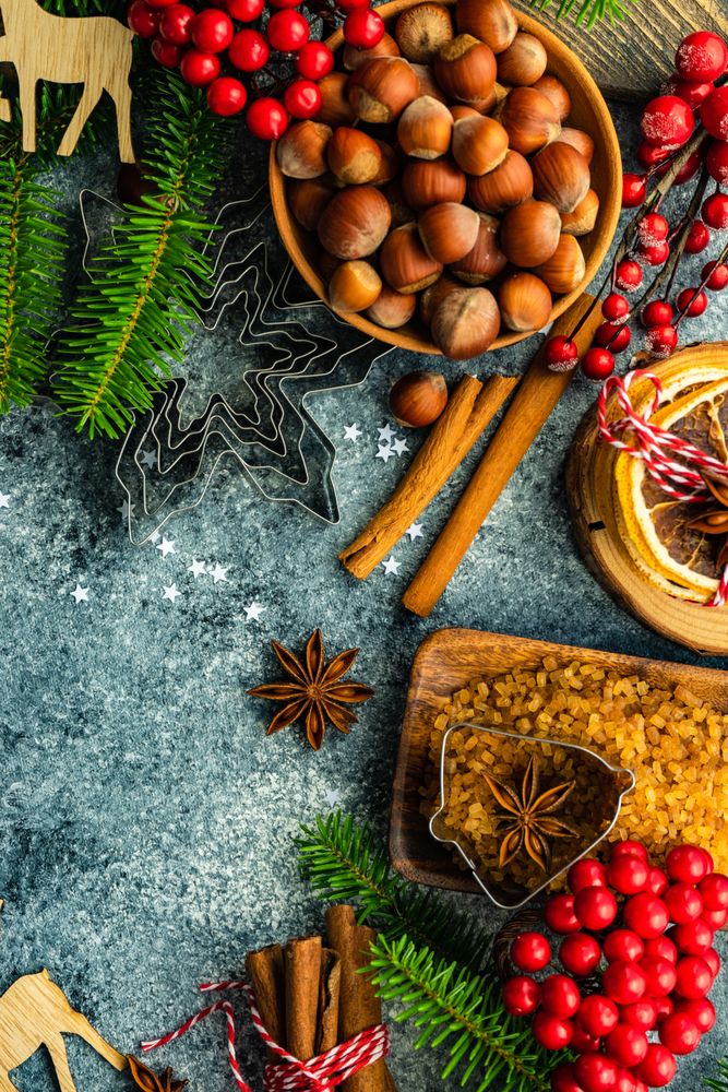 Christmas baking ingredients on concrete counter