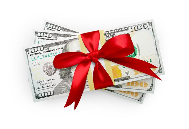 Thirty Thousand Dollars Stack of One Hundred Dollar Bills Wrapped in a Red Bow