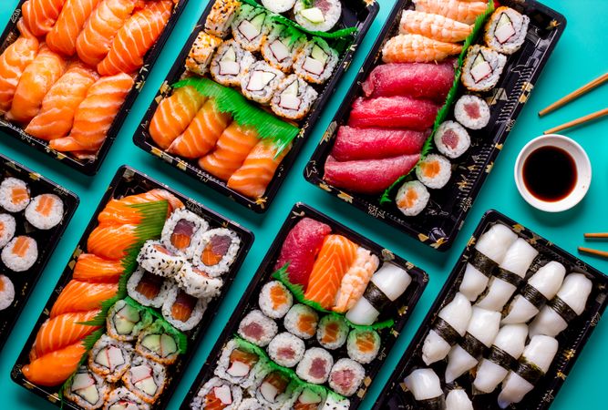 Tasty sushi served in a table