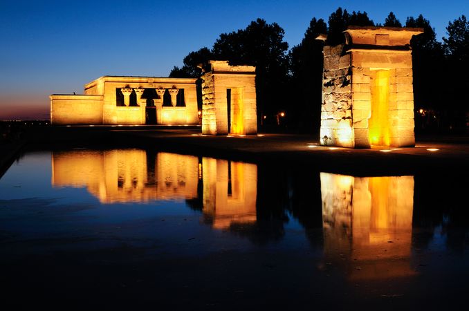 Temple of Debod lit up at night in Madrid, Spain