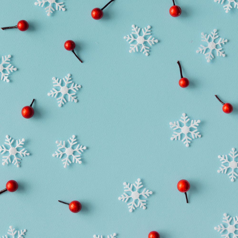 Christmas pattern made of snowflakes and red berries on blue background