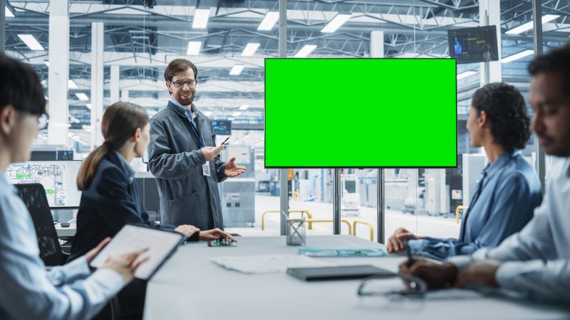 Electronics Factory Office Meeting: White Engineer Giving Presentation On TV With Green Screen Chromakey On Display.