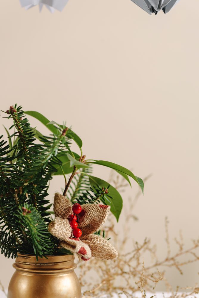 Christmas Tree in gold vase with Pine Branches Bouquet