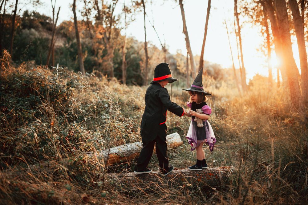 Brother and sister balancing on log in the forest in halloween costumes
