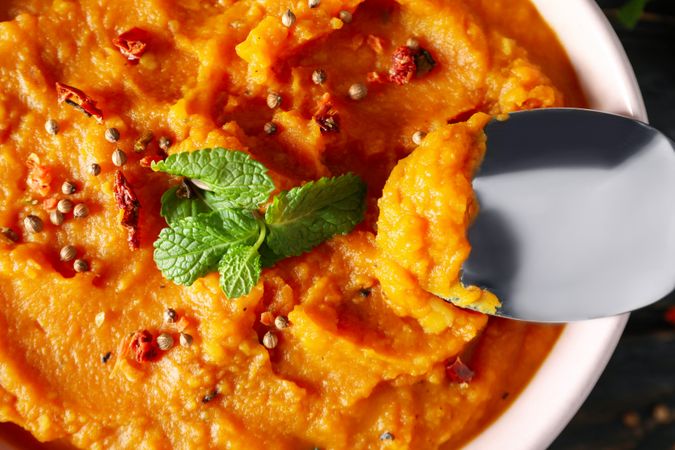 Concept of tasty food, sweet potato puree