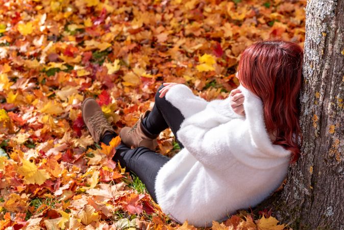 Woman leaning on tree trunk in park in autumn