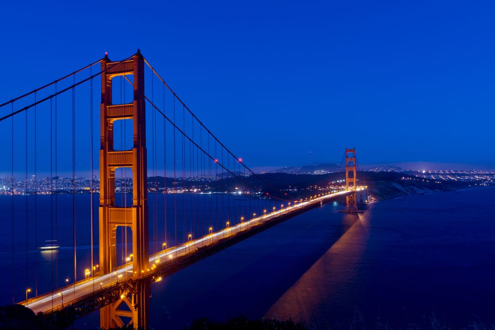 Golden Gate Bridge illuminated at dusk