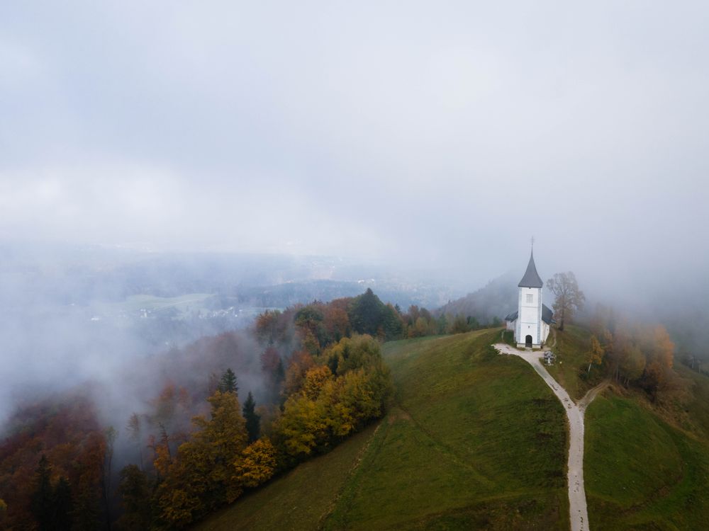 Aerial view of church of St. Primoz, Slovenia