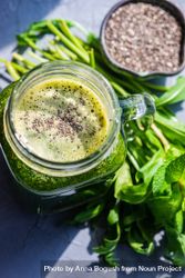Green smoothie in mason jar with chia seeds 4A1J64