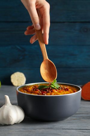 Concept of tasty food, sweet potato puree