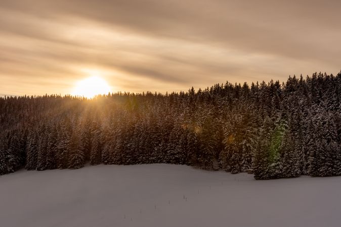 Deep snow landscape at sunrise in the mountains