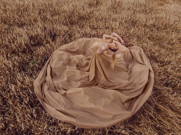 Top view of woman in big brown dress standing in wheat field