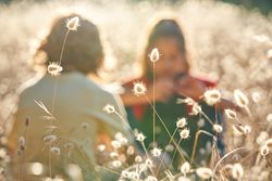 Dry grass with siblings sitting in background