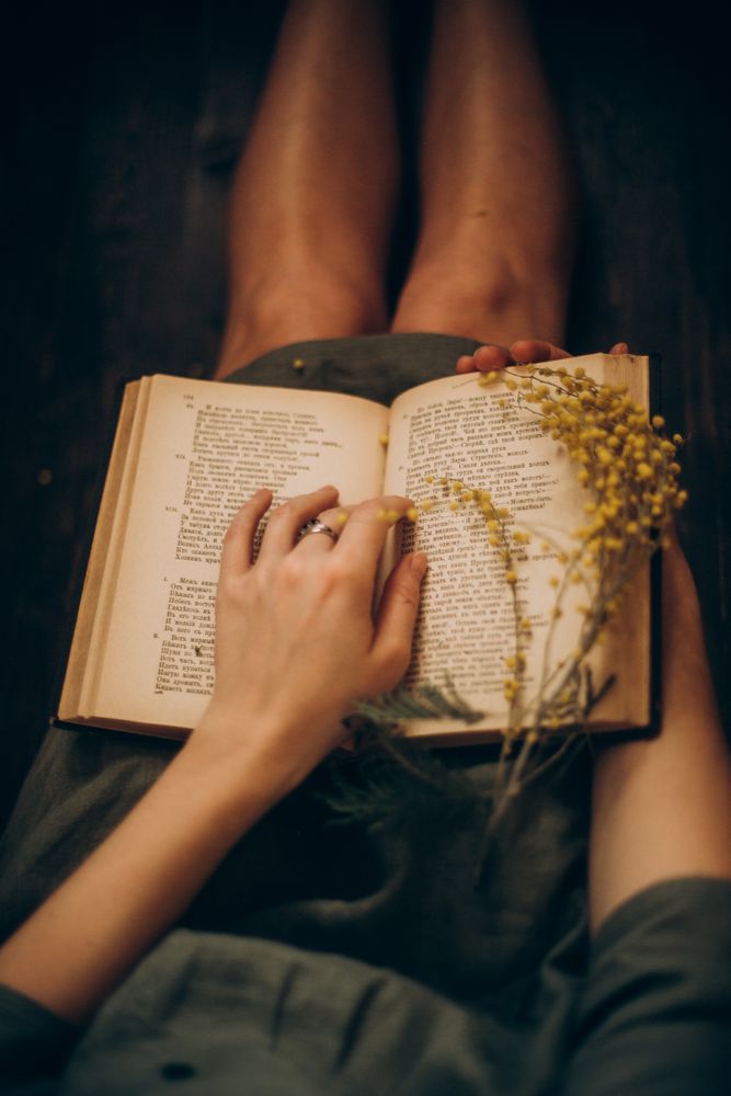 High angle view of woman sitting and reading a book