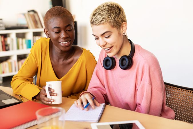 Lesbian couple studying together with notepad at breakfast table