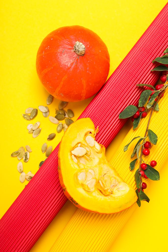 Cooking ingredients for fall season - pumpkin seeds, pumpkin