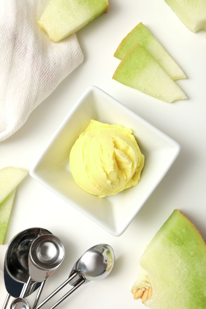 Ice cream scoops with slices of fresh melon