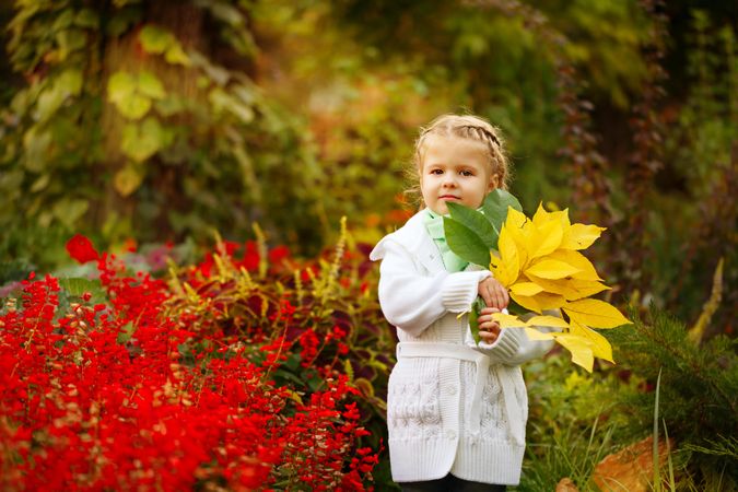 Young blonde girl holding autumn leaves among red flowers
