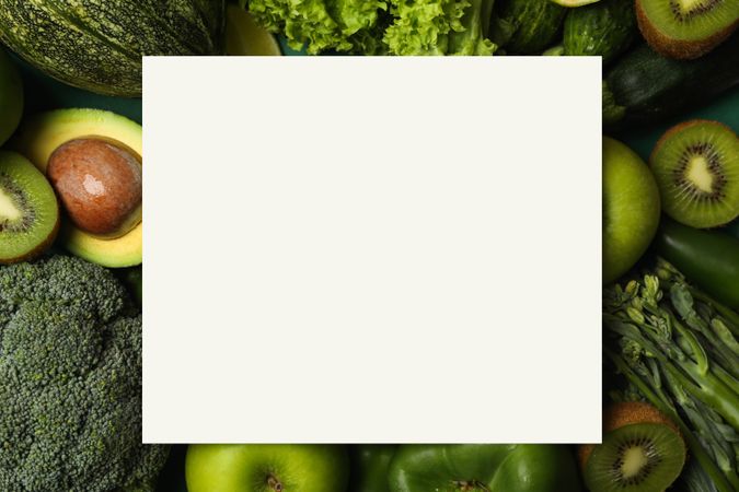 Fresh green vegetables and space for text, top view