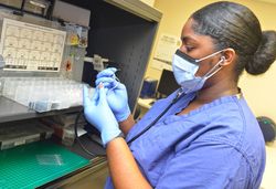 Jacksonville, FL - USA, Aug 7, 2020: Nurse testing hearing airs in ENT clinic