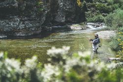 Confident man fishing with rod while standing in river stream