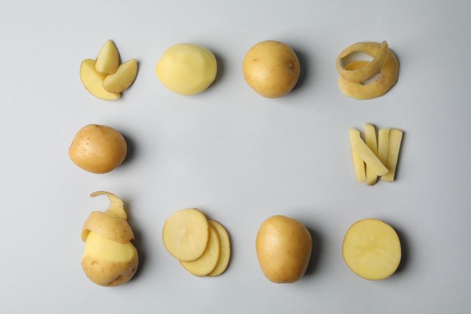 Potatoes cut in different ways in square shape, copy space