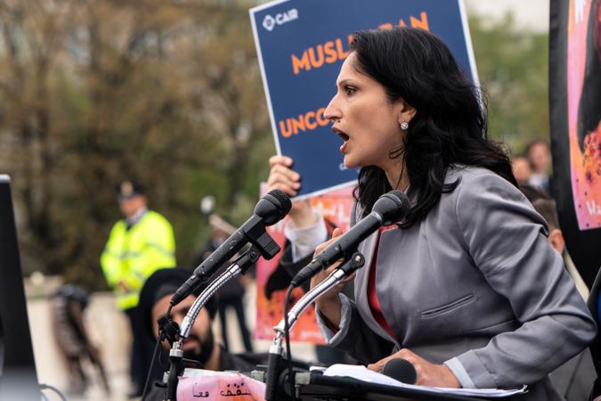 Washington DC, USA - April 26, 2018: Aarti Kohli speaking at rally outside Supreme Court