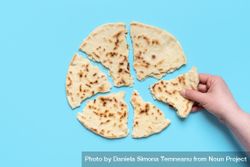 Indian flat bread above view. Woman taking a piece of naan bread 48r2v0