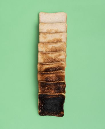 Toasted bread variety on a green table, top view
